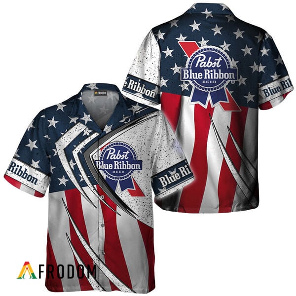 Pabst Blue Ribbon American Flag 3d Hawaiian Shirts, Pbr Beer Fourth Of July Aloha Shirt, Pabst Blue Ribbon Us Flag Button Down Hawaiian Shirt