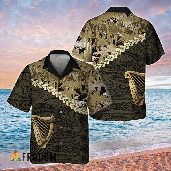 Golden Palm Tree Blend Polynesian Guinness Hawaiian Shirt, Guinness Beer Button Down Aloha Shirt, Guinness Logo Polynesian Hawaiian Shirt