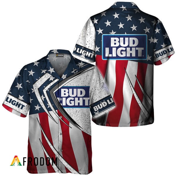 Bud Light Beer American Flag 3d Hawaiian Shirts, Bud Light Fourth Of July Aloha Shirt, Bud Light Logo Us Flag Button Down Hawaiian Shirt