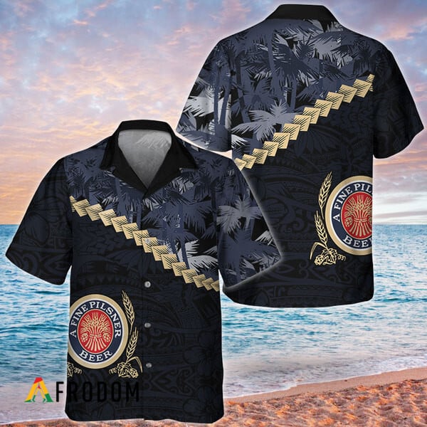 Navy Palm Tree Blend Polynesian Miller Lite Hawaiian Shirt, Miller Lite Beer Button Down Aloha Shirt, Miller Lite Beer Polynesian Hawaiian Shirt