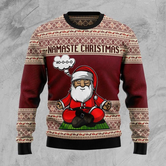 Ho Ho Ho Santa Clause Doing Yoga Ugly Christmas Sweater, Funny Santa Namaste Christmas Ugly Sweater, Yoga Namaste Crewneck Knitted Ugly Sweater