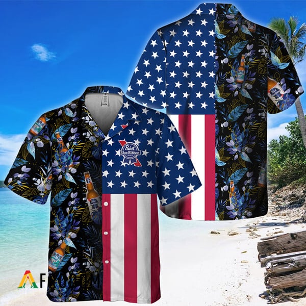 Pabst Blue Ribbon Us Flag Tropical Flowers Hawaiian Shirt, Pbr Beer American Flag Aloha Shirts, Pabst Blue Ribbon Button Down Hawaiian Shirt