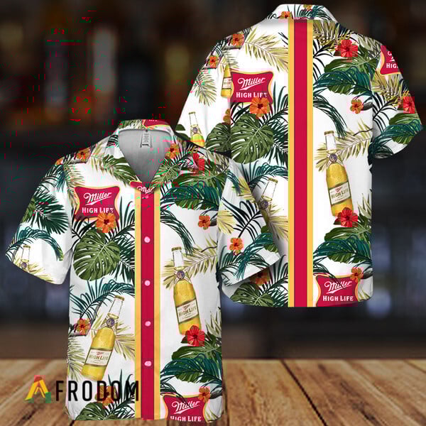 Tropical Floral Miller High Life Stripe Hawaiian Shirt, Miller High Life Summer Aloha Shirts, Miller High Life Button Down Short Sleeve Shirt