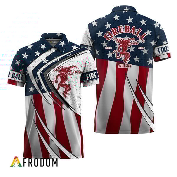 Fireball Whisky American Flag Retro 3d Polo Shirt, Fireball Fourth Of July Polo Shirt, Fireball Whisky Us Flag Patriotic Men's Polo Shirt