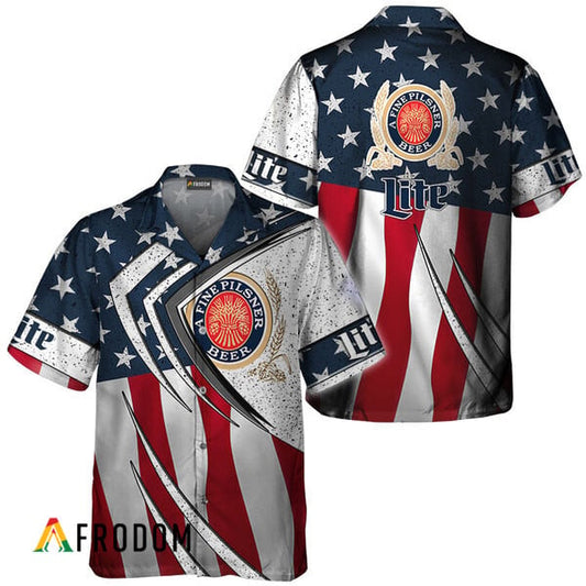 Miller Lite Beer American Flag 3d Hawaiian Shirts, Miller Lite Fourth Of July Aloha Shirt, Miller Lite Logo Us Flag Button Down Hawaiian Shirt