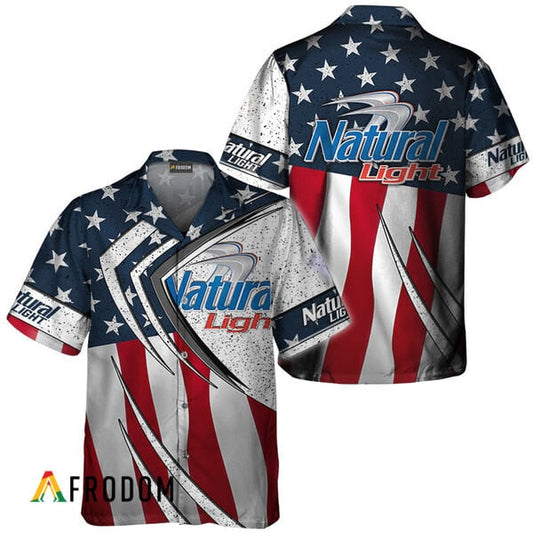 Natural Light American Flag 3d Hawaiian Shirts, Natural Light Fourth Of July Aloha Shirt, Natural Light Logo Us Flag Button Down Hawaiian Shirt