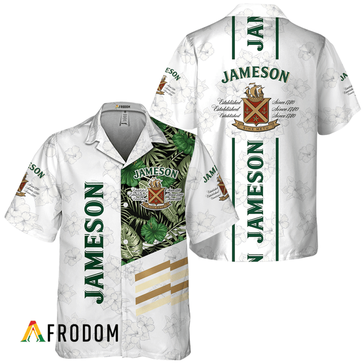 Jameson Whiskey White Tropical Flower Hawaiian Shirt, Jameson Whiskey Logo Print Aloha Shirt, Jameson Whiskey Button Down Short Sleeve Shirt