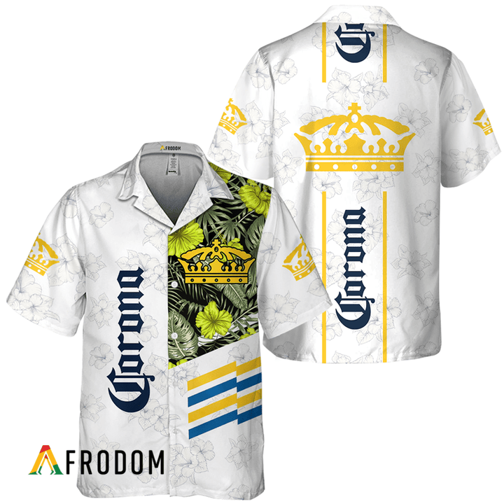 Corona Extra Beer White Tropical Flower Hawaiian Shirt, Corona Extra Logo Print Aloha Shirt, Corona Extra Button Down Short Sleeve Shirt