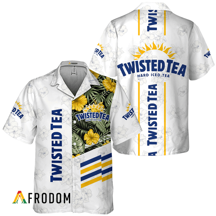 Twisted Tea White Tropical Flower Hawaiian Shirt, Twisted Tea Logo Print Aloha Shirt, Twisted Tea Button Down Short Sleeve Hawaiian Shirt
