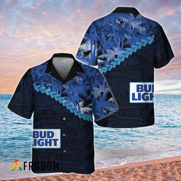 Blue Palm Tree Blend Polynesian Bud Light Hawaiian Shirt, Bud Light Beer Button Down Aloha Shirt, Bud Light Polynesian Hawaiian Shirt