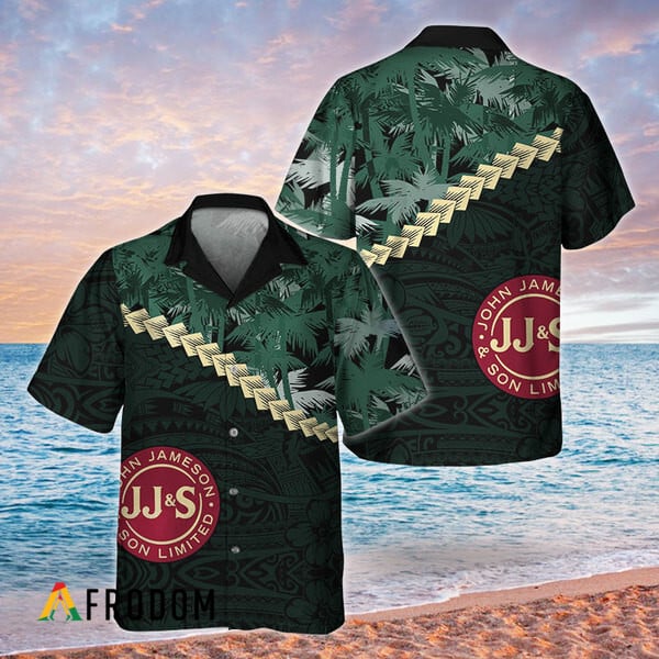 Green Palm Tree Blend Polynesian Jameson Hawaiian Shirt, Jameson Whiskey Button Down Aloha Shirt, Jameson Whiskey Polynesian Hawaiian Shirt