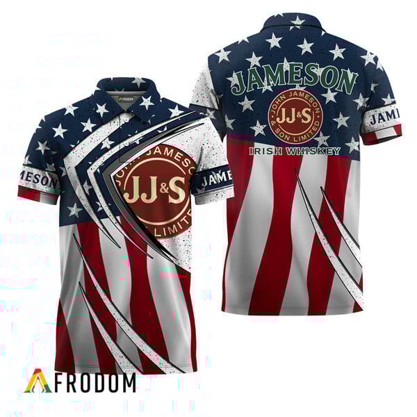 Jameson Irish Whiskey American Flag Retro 3d Polo Shirt, Jameson Whiskey Fourth Of July Polo Shirt, Jameson Whiskey Us Flag Men's Polo Shirt