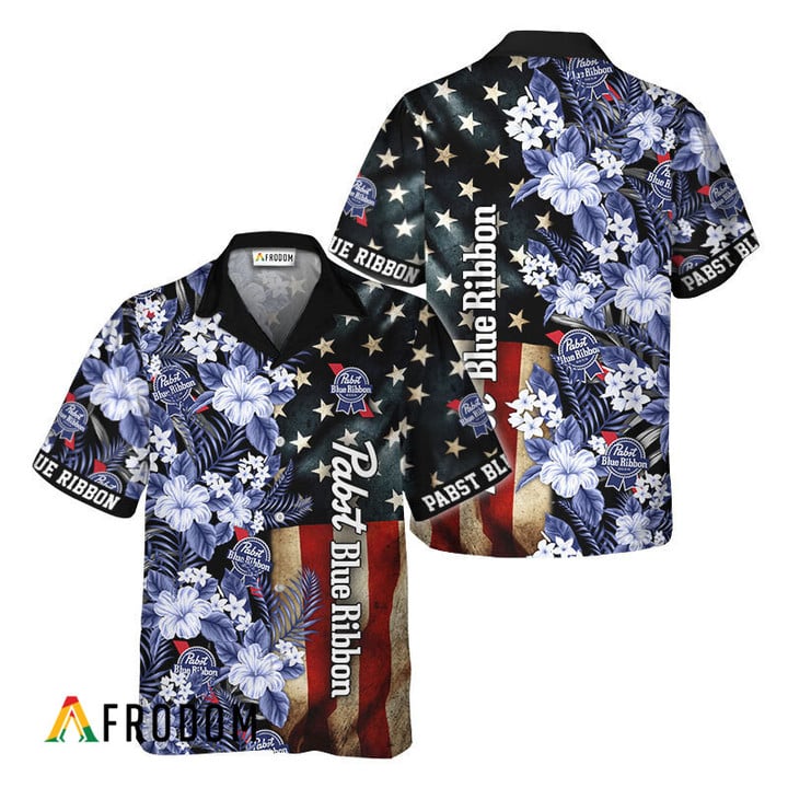 Tropical Flower Pabst Blue Ribbon American Flag Hawaiian Shirt, Pabst Blue Ribbon Usa Flag Aloha Shirts, Pbr Beer Button Down Hawaiian Shirt