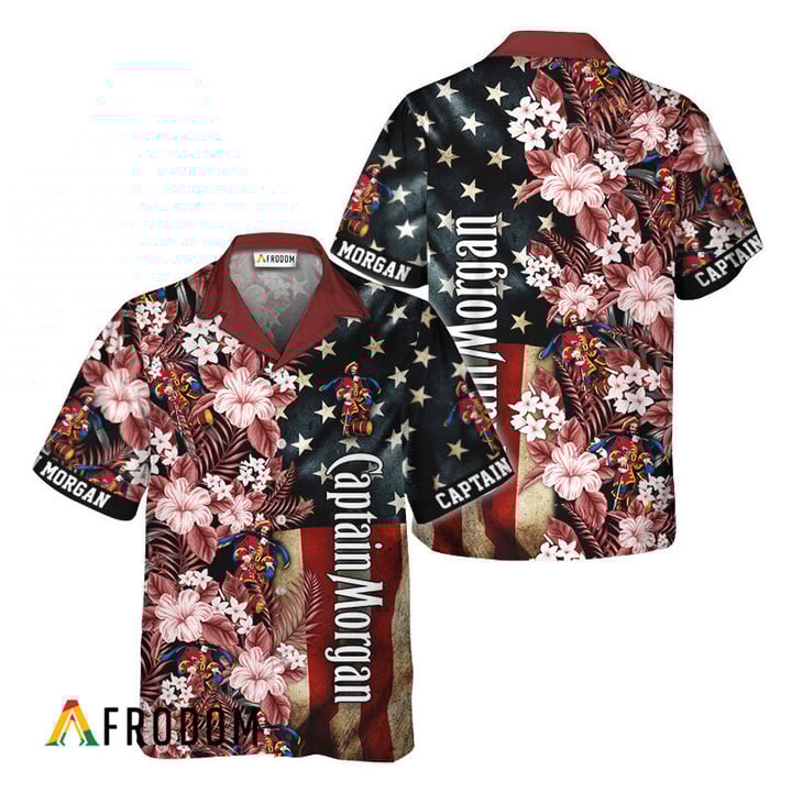 Tropical Flower Captain Morgan American Flag Hawaiian Shirt, Captain Morgan Usa Flag Aloha Shirts, Captain Morgan Button Down Hawaiian Shirt