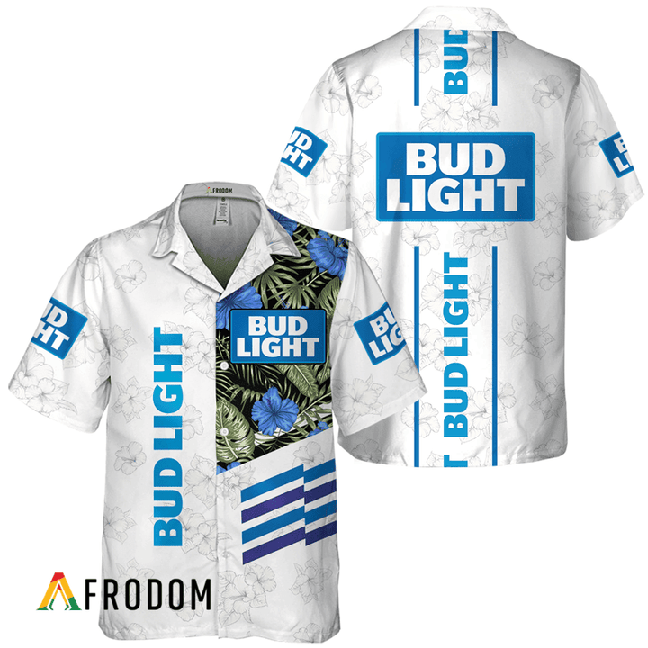 Bud Light Beer White Tropical Flower Hawaiian Shirt, Bud Light Beer Logo Print Aloha Shirt, Bud Light Button Down Short Sleeve Shirt