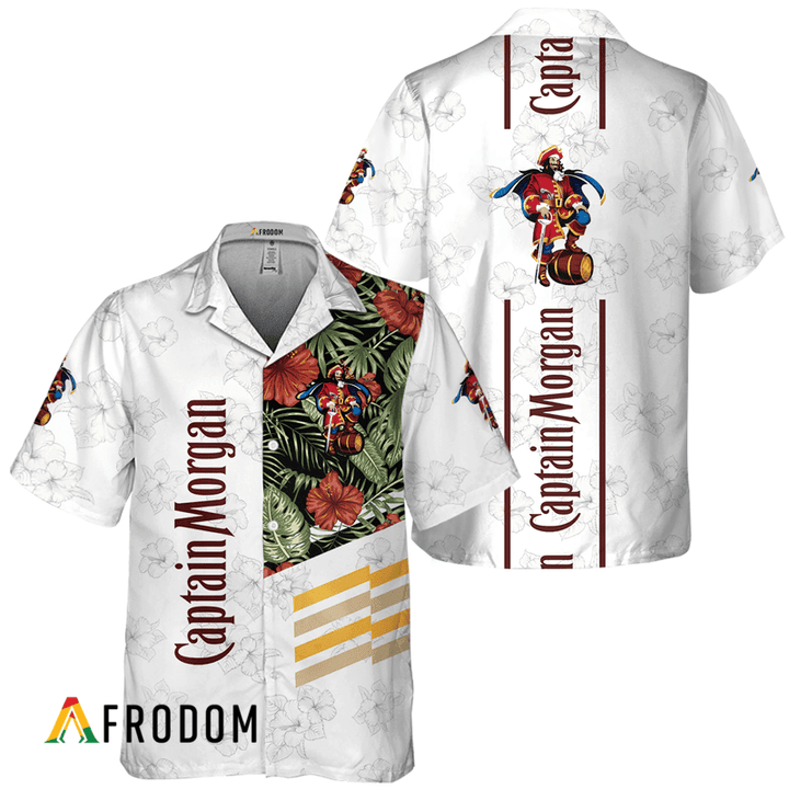 Captain Morgan White Tropical Flower Hawaiian Shirt, Captain Morgan Logo Print Aloha Shirt, Captain Morgan Button Down Short Sleeve Shirt