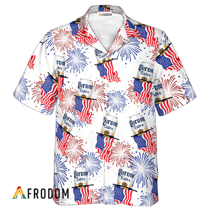 Corona Extra Beer American Flag Fireworks Hawaiian Shirt, Corona Extra Independence Day Aloha Shirts, Corona Extra 4th Of July Hawaiian Shirt