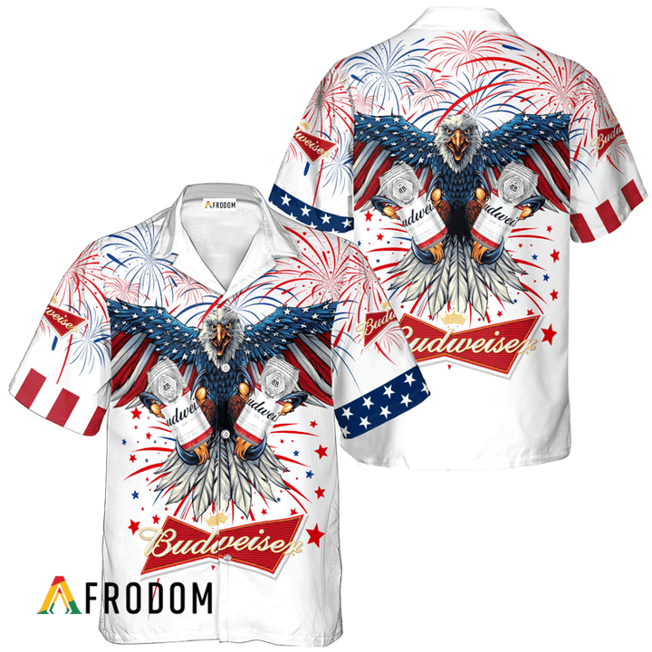 Budweiser Beer American Eagle Fireworks Hawaiian Shirt, Budweiser Independence Day Hawaiian Shirt, Budweiser Beer 4th Of July Hawaiian Shirt