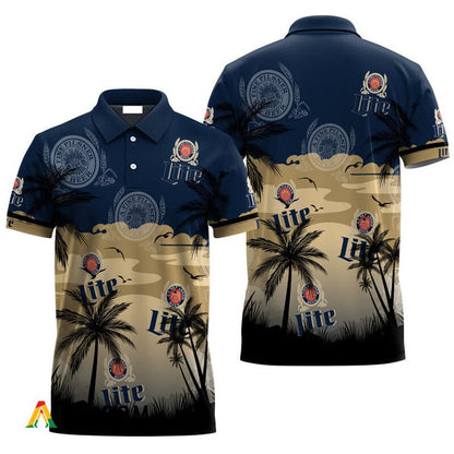 Miller Lite Beer Coconut Trees 3d Men's Polo Shirt, Miller Lite All Over Printed 3d Polo Shirt, Tropical Palm Miller Lite Beer Polo Shirt