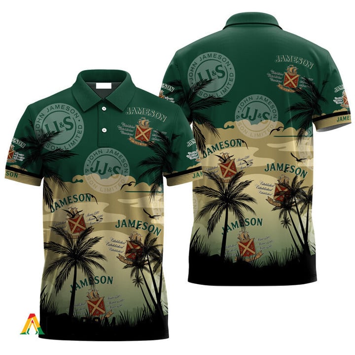 Jameson Whiskey Coconut Trees 3d Men's Polo Shirt, Jameson Whiskey All Over Print Polo Shirt, Tropical Palm Jameson Whiskey Polo Shirt