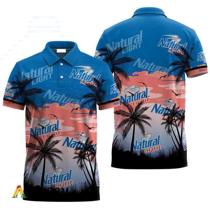 Natural Light Beer Coconut Trees 3d Men's Polo Shirt, Natural Light All Over Print Polo Shirt, Tropical Palm Natural Light Beer Polo Shirt