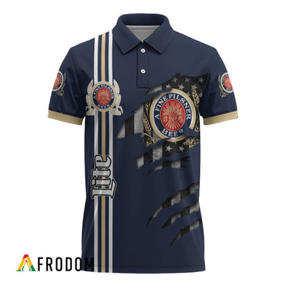 Personalized Miller Lite Stripe Us Flag 3d Ripped Polo Shirt, Miller Lite Logo Print Patriotic Polo Shirt, Miller Lite 3d Men's Polo Shirt