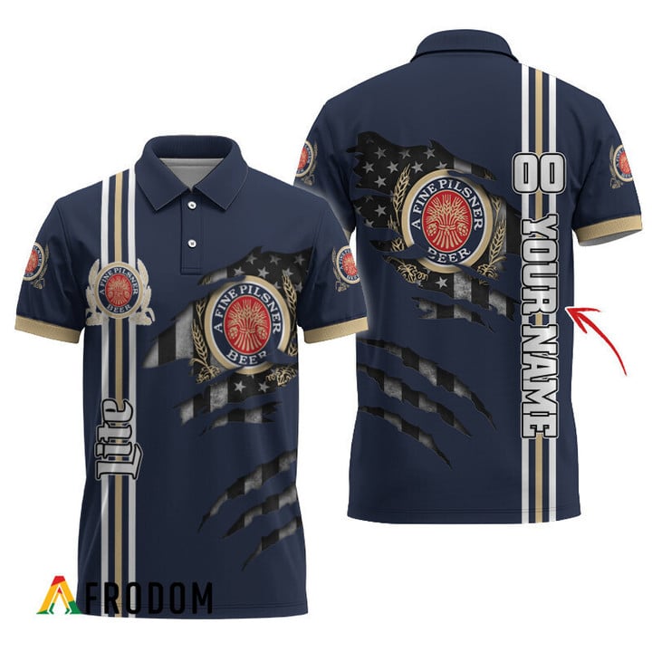 Personalized Miller Lite Stripe Us Flag 3d Ripped Polo Shirt, Miller Lite Logo Print Patriotic Polo Shirt, Miller Lite 3d Men's Polo Shirt