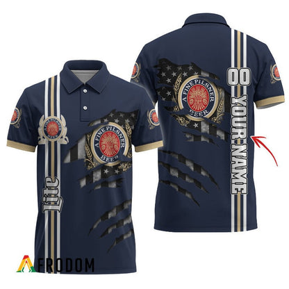 Personalized Miller Lite Stripe Us Flag 3d Ripped Polo Shirt, Miller Lite Logo Print Patriotic Polo Shirt, Miller Lite 3d Men's Polo Shirt