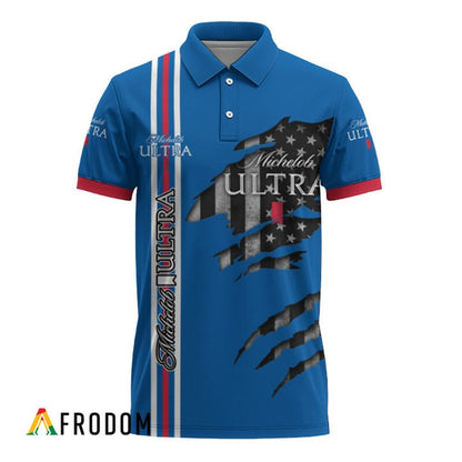 Personalized Michelob Ultra Stripe Us Flag 3d Ripped Polo Shirt, Michelob Ultra Patriotic Polo Shirt, Michelob Ultra 3d Men's Polo Shirt
