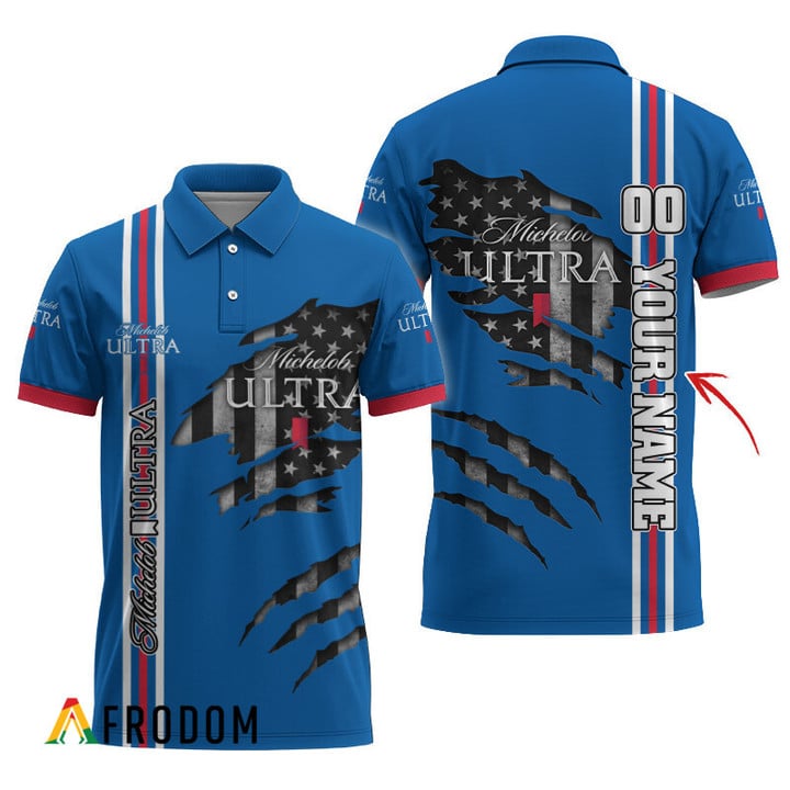 Personalized Michelob Ultra Stripe Us Flag 3d Ripped Polo Shirt, Michelob Ultra Patriotic Polo Shirt, Michelob Ultra 3d Men's Polo Shirt