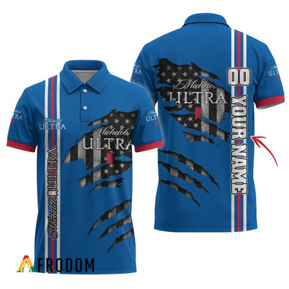 Personalized Michelob Ultra Stripe Us Flag 3d Ripped Polo Shirt, Michelob Ultra Patriotic Polo Shirt, Michelob Ultra 3d Men's Polo Shirt
