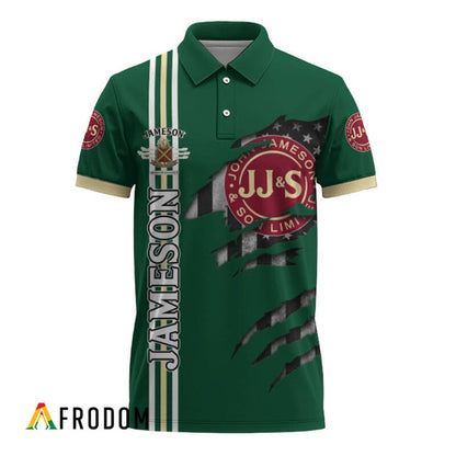 Personalized Jameson Whiskey Stripe Us Flag 3d Ripped Polo Shirt, Jameson Whiskey Patriotic Polo Shirt, Jameson Whiskey 3d Men's Polo Shirt