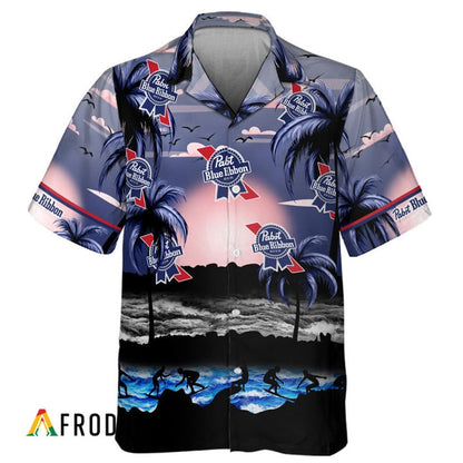 Pabst Blue Ribbon Tropical Beach Surf Palm Tree Hawaiian Shirt, Pabst Blue Ribbon Beer Aloha Shirts, Pbr Beer Short Sleeve Hawaiian Shirt