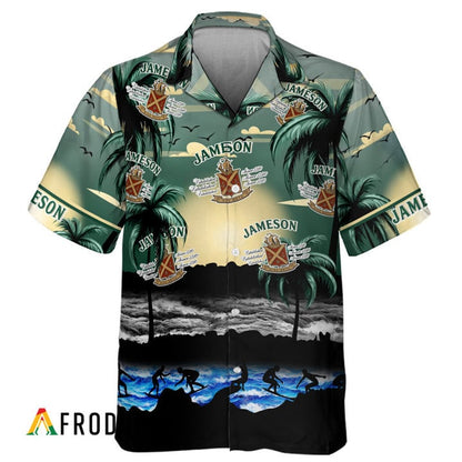 Jameson Whiskey Tropical Beach Surf Palm Tree Hawaiian Shirt, Jameson Irish Whiskey Aloha Shirts, Jameson Whiskey Button Down Short Sleeve Shirt
