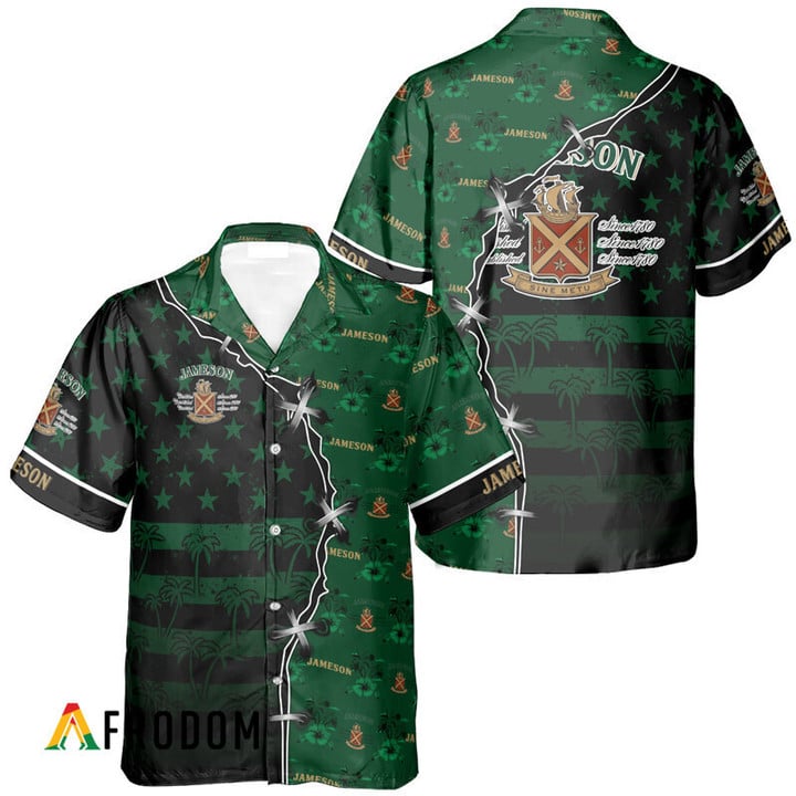 Jameson Whiskey American Flag Tropical Split 3d Hawaiian Shirt, Jameson Whiskey Aloha Shirts, Jameson Whiskey Short Sleeve Hawaiian Shirt