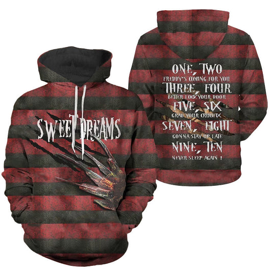 Freddy Krueger Sweet Dreams Black Red 3D Hoodie, Freddy Krueger Horror Movie Pullover Hooded Sweatshirt, Halloween Freddy Kruege 3D Hoodies