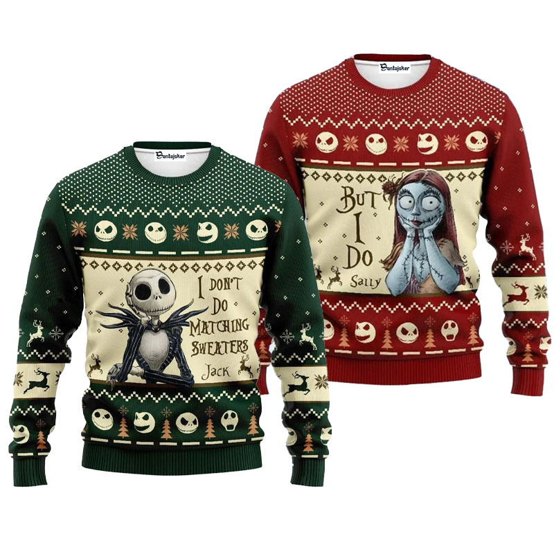 Jack Skellington Matching Sweater With Sally Ugly Christmas Sweater, Jack Skellington & Sally Ugly Sweater, Christmas Holiday Crew Neck Ugly Sweater