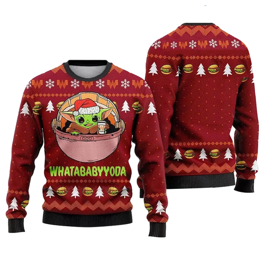 Whatababyyoda Baby Yoda Hamburger Christmas Ugly Sweater, Grogu Baby Yoda Red Ugly Xmas Sweater, Santa Grogu Christmas Crewneck Knitted Ugly Sweater