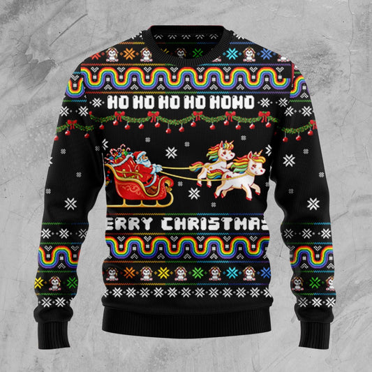 Ho Ho Ho Merry Christmas Ugly Xmas Sweater, Unicorn Santa Sleigh Lgbt Pride Xmas Ugly Sweater, Rainbow Unicorn Xmas Crewneck Knitted Ugly Sweater