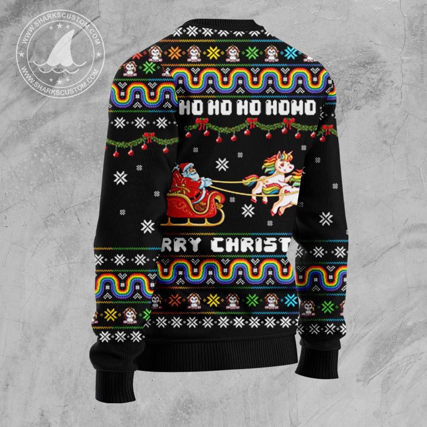 Ho Ho Ho Merry Christmas Ugly Xmas Sweater, Unicorn Santa Sleigh Lgbt Pride Xmas Ugly Sweater, Rainbow Unicorn Xmas Crewneck Knitted Ugly Sweater