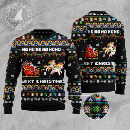 Ho Ho Ho Merry Christmas Ugly Xmas Sweater, Unicorn Santa Sleigh Lgbt Pride Xmas Ugly Sweater, Rainbow Unicorn Xmas Crewneck Knitted Ugly Sweater