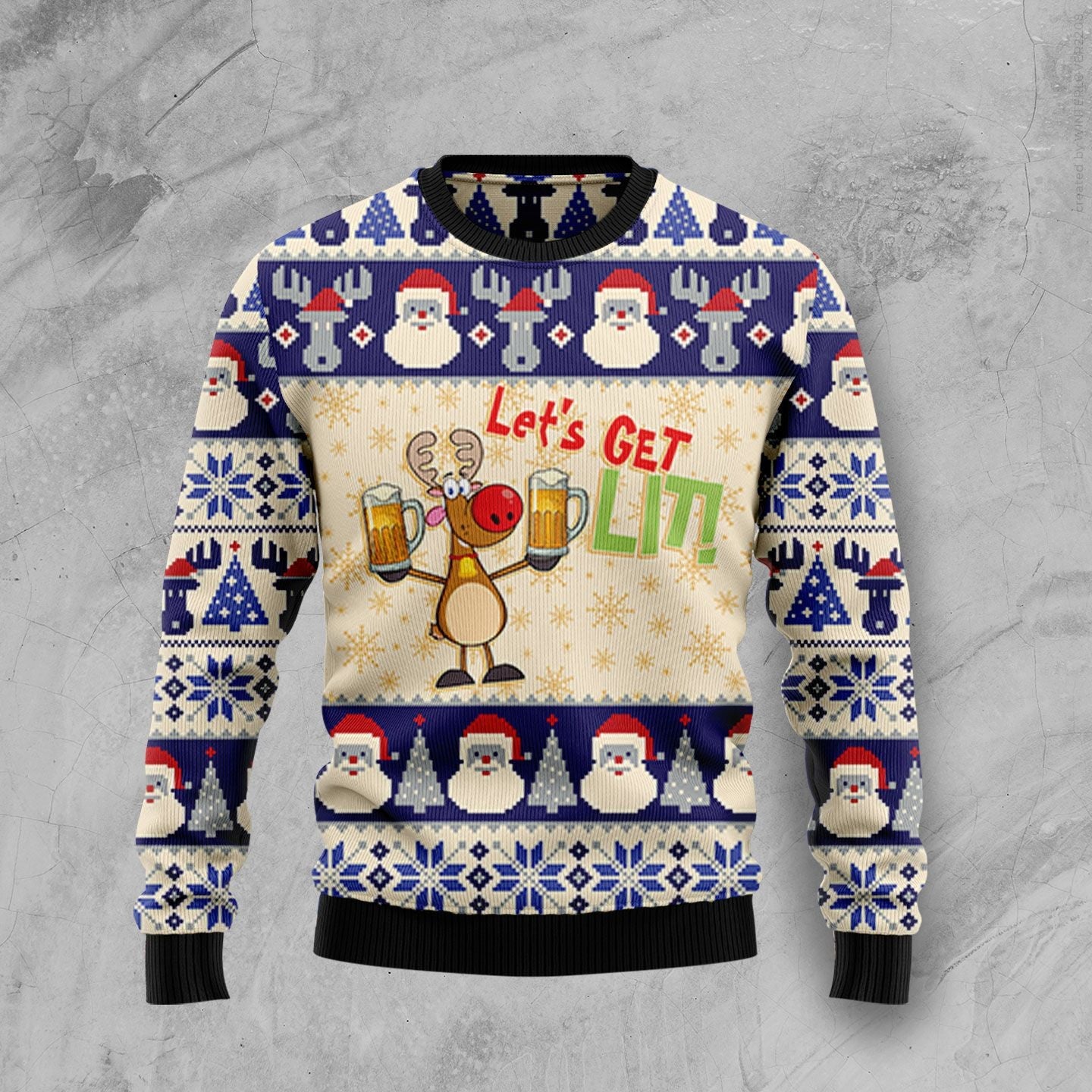 Reindeer Let's Get Lit Ugly Christmas Sweater, Funny Deer With Beer Christmas Ugly Sweater, Xmas Reindeer All-over Print Crewneck Knitted Sweater