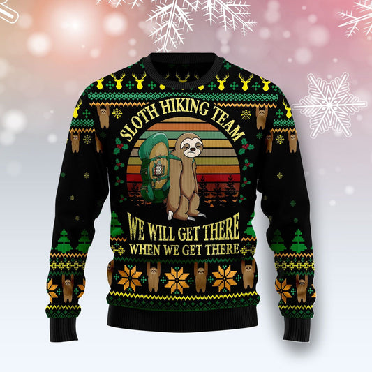 Sloth Hiking Team Holiday Ugly Christmas Sweater, Funny Lazy Sloth Vintage Christmas Ugly Sweater, Sloth Christmas Crewneck Knitted Ugly Sweater