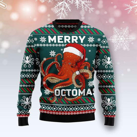 Red Octopus Merry Octomas Ugly Christmas Sweater, Red Octopus With Santa Hat Christmas Ugly Sweater, Tentacles Xmas Crewneck Knitted Ugly Sweater