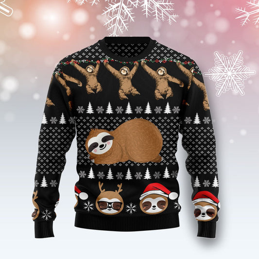 Cute Lazy Sloth Ugly Christmas Sweater, Funny Sloth All-over Printed Xmas Ugly Sweater, Christmas Hanging Sloth Crewneck Knitted Ugly Sweater