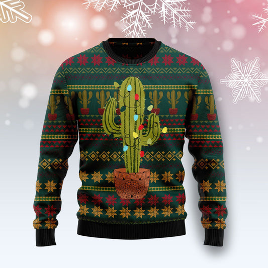 Cactus Christmas Lights Ugly Christmas Sweater, Christmas Cactus Pattern All-over Print Ugly Sweater, Cactus Xmas Crewneck Knitted Ugly Sweater
