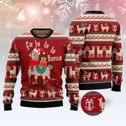 Fa La La Llama Ugly Christmas Sweater, Christmas Llama All-over Printed Red Ugly Sweater, Santa Llama Xmas Crewneck Knitted Ugly Sweater