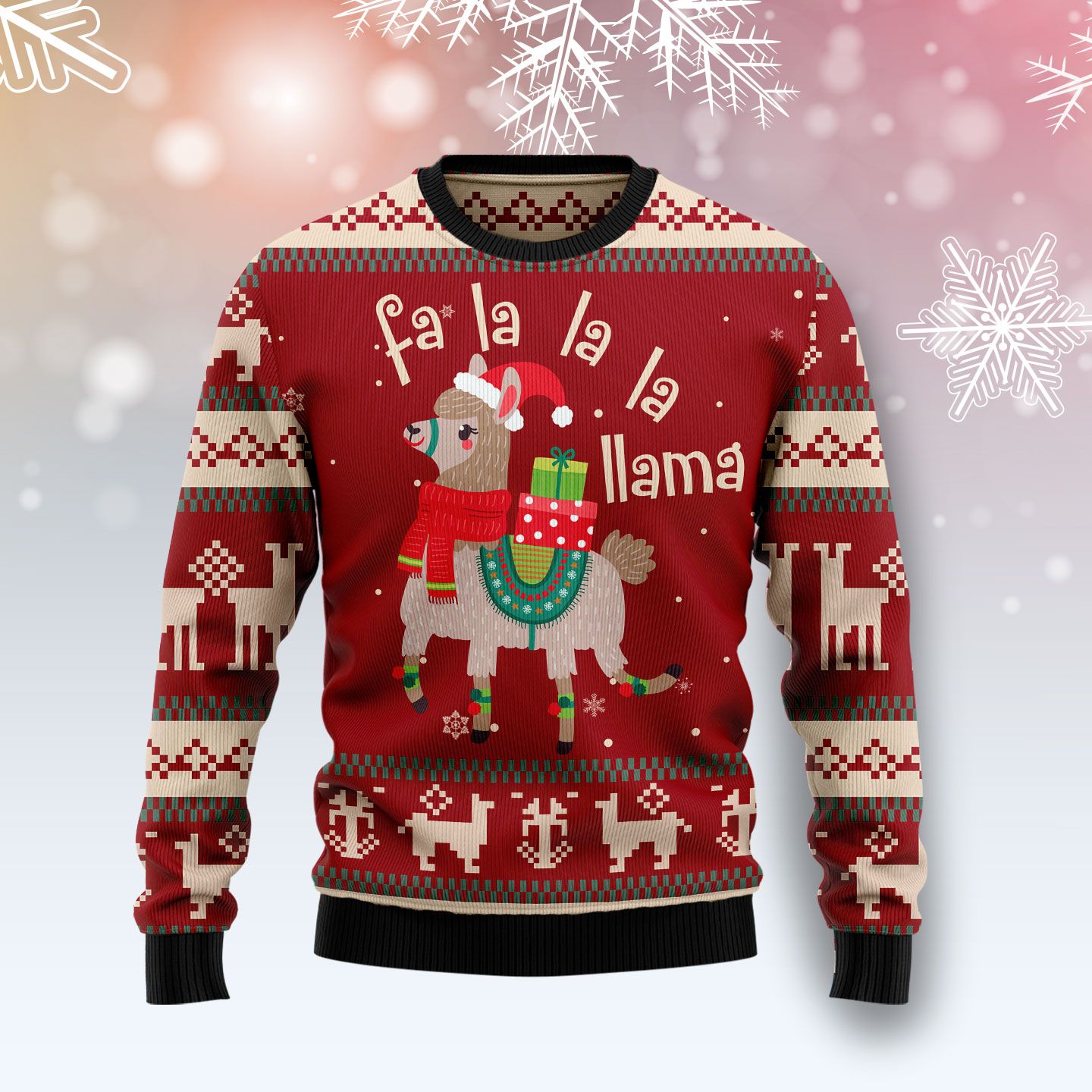 Fa La La Llama Ugly Christmas Sweater, Christmas Llama All-over Printed Red Ugly Sweater, Santa Llama Xmas Crewneck Knitted Ugly Sweater