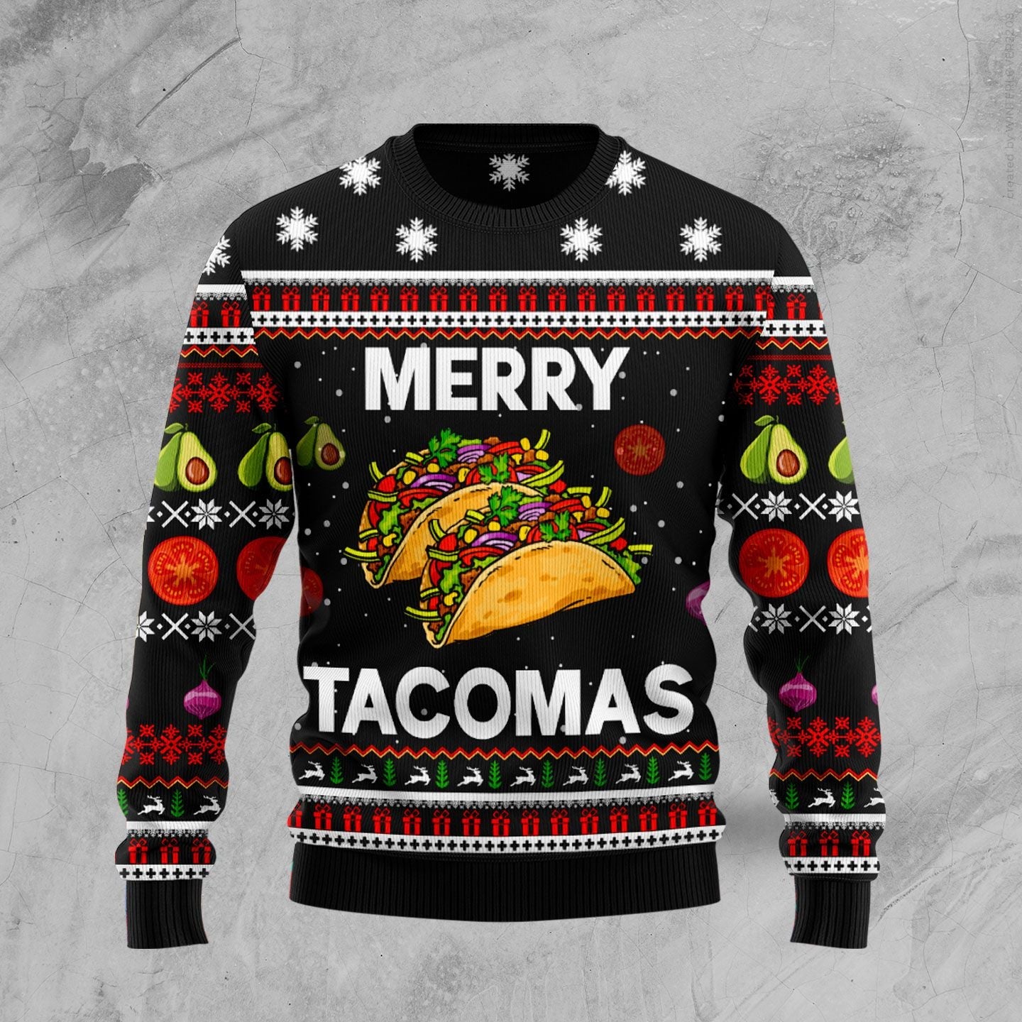 Merry Tacomas Ugly Christmas Sweater, Mexico Tacos Food All-over Printed Christmas Ugly Sweater, Tacos Lover Xmas Crewneck Knitted Ugly Sweater