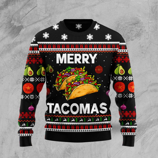 Merry Tacomas Ugly Christmas Sweater, Mexico Tacos Food All-over Printed Christmas Ugly Sweater, Tacos Lover Xmas Crewneck Knitted Ugly Sweater